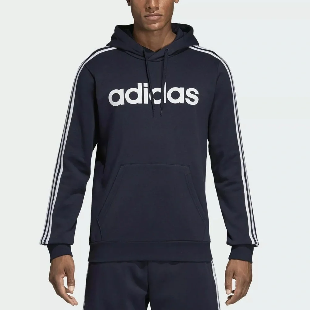Adidas Essentials 3 Stripe Hooded Pullover Fleece Sweatshirt Navy White L NWT